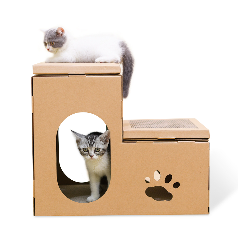 Deku Cat Scratcher Mat 2 Layers Foldable Cat House Cardboard Scratch Lounge with Scratching Pads