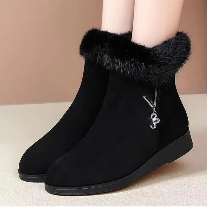 Womens ankle boots 2024 snow boots winter thick cotton shoes flat bottom plush zipper warm and comfortable anti slip cotton boots 241126