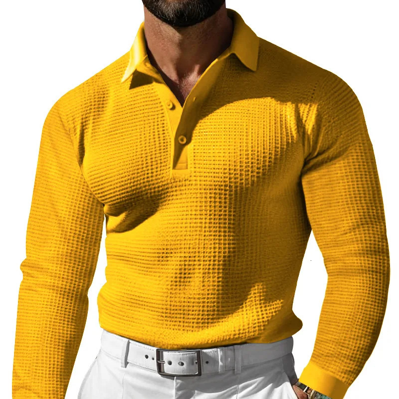 Autumn mens casual long sleeved polo shirt fashionable solid color slim fit collar button waffle golf latte holiday casual T-shirt 241121