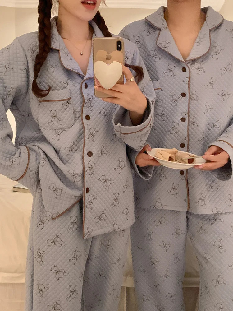 Bear print cartoon home winter thick lover long sleeved pajamas set for womens sweet Korean cotton couple Kawai casual pajamas 241125