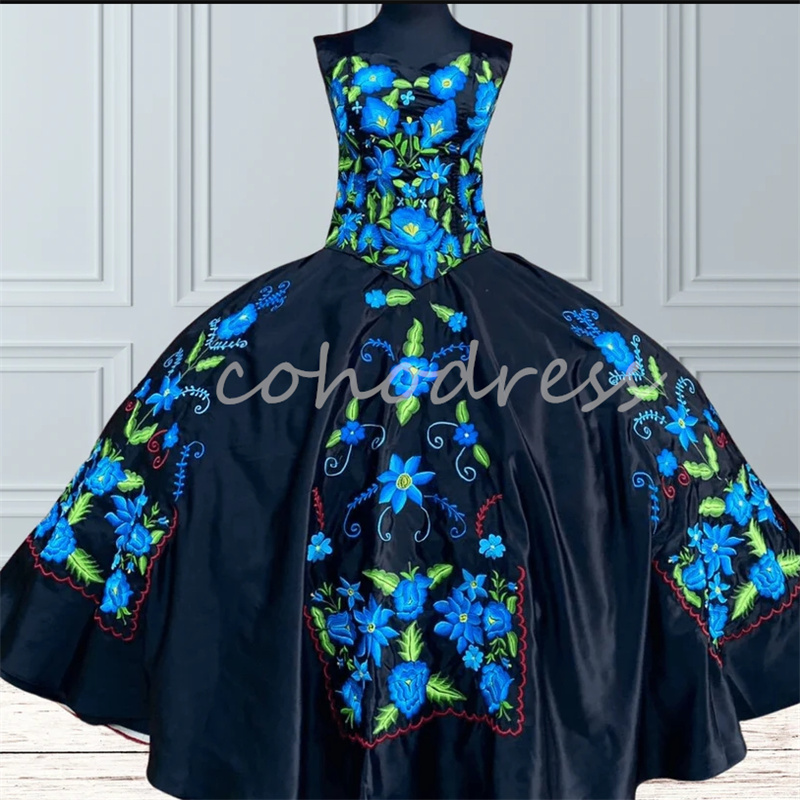 Gorgeous Black Mexican Quinceanera Dresses Charro Blue Embroidery Flower Vestido De 15 Xv Anos Corset Birthday Party Halloween Costume Sweet 16 Dress 
