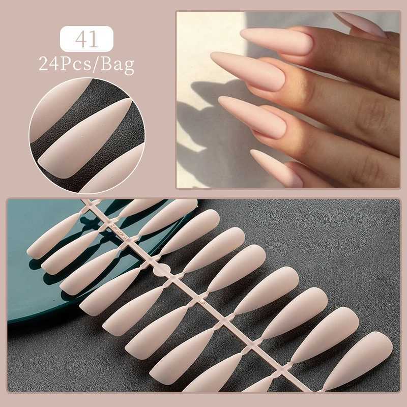 24 tips/setting fake nail tip press nail design wearable full cover almond coffin nail art frosted tip for nail extension toolW250120