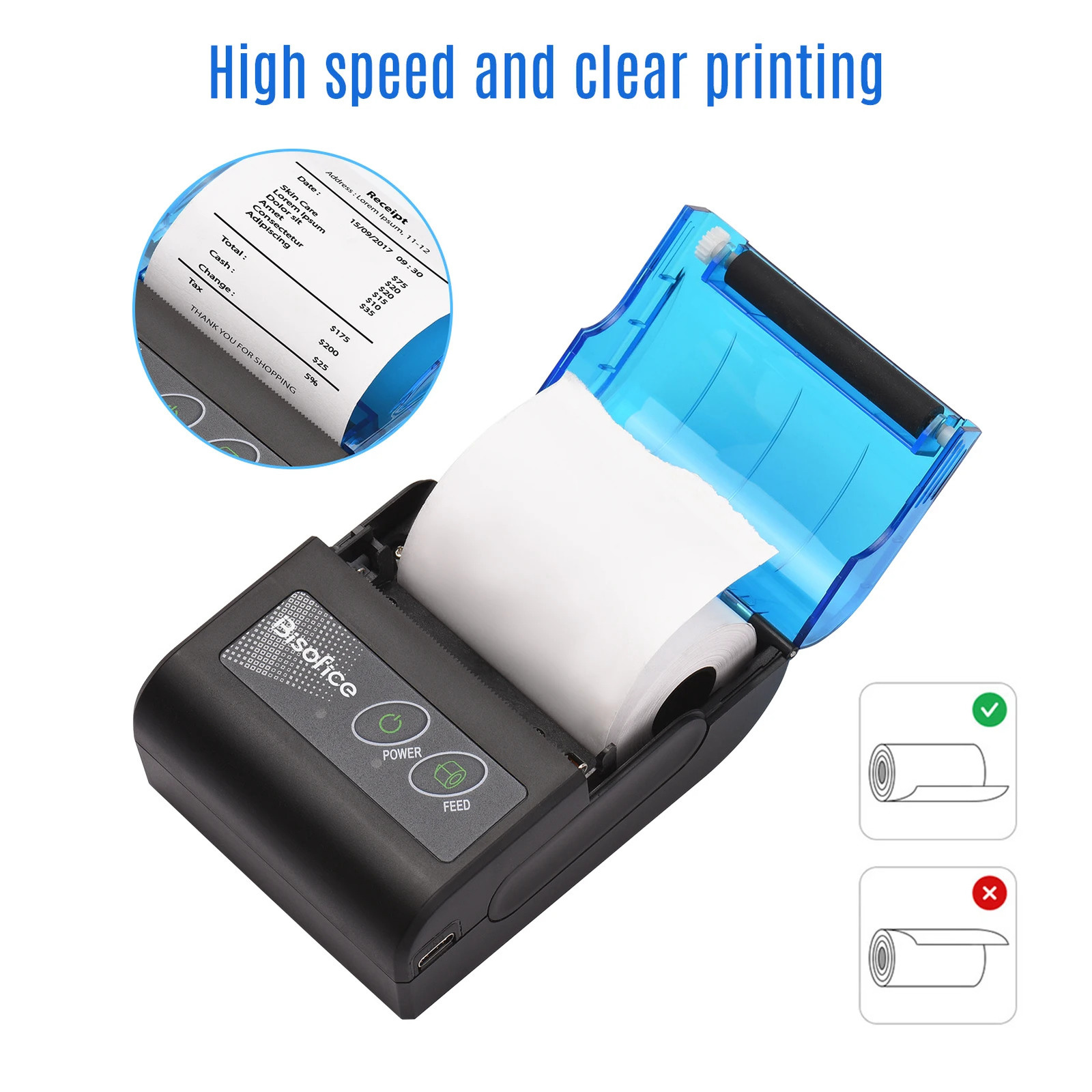 Bisofice portable mini thermal printer 2-inch wireless USB receiver receipt printer with 58mm printing paper suitable for Android operating system 241