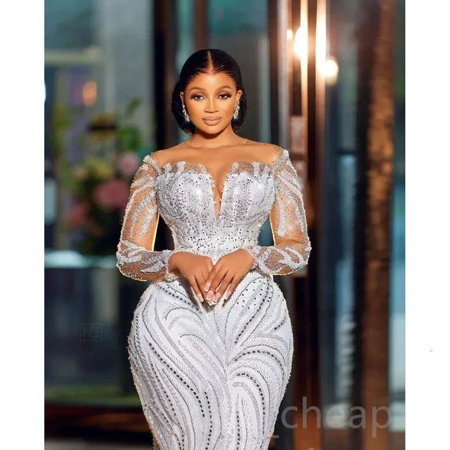 2024 Arabic Aso Ebi White Mermaid Wedding Dress Beaded Crystals Lace Detachable Train Bridal Gowns Dresses