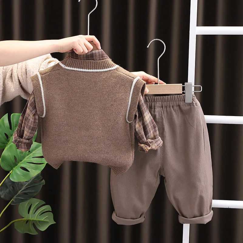Clothing Sets Autumn Winter 3pcs Baby Knitted Sweater Vest Plaid Shirt Pants Set Childrens Cartoon Casual Suits Kids Comfortable Outfit 1-4Y H241126