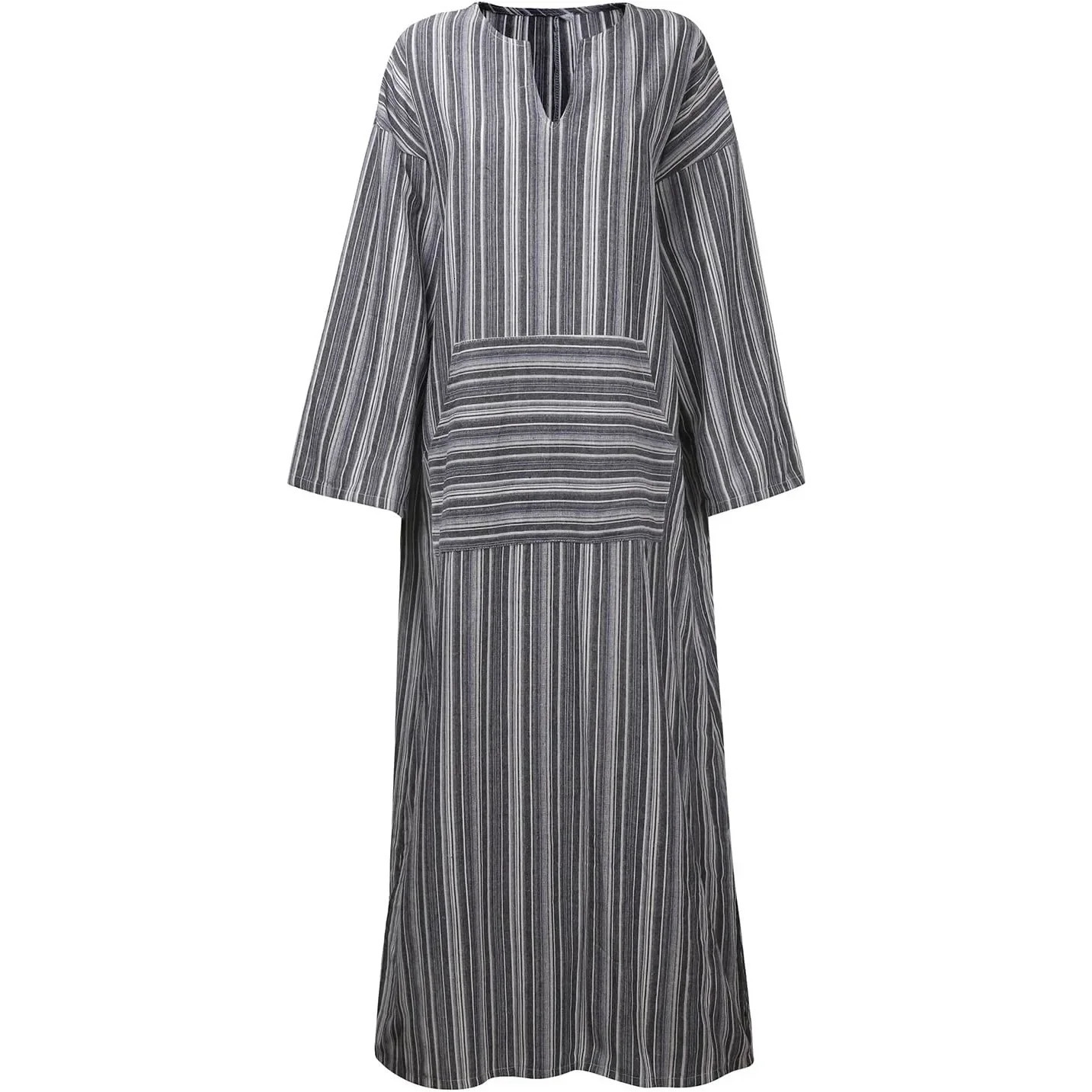 Women Vintage Oversized Maxi Dress Striped Pockets Cotton Linen Dresse Vestidos Sexy Loose Dresses Plus Size Long Sleeve Casual 241112