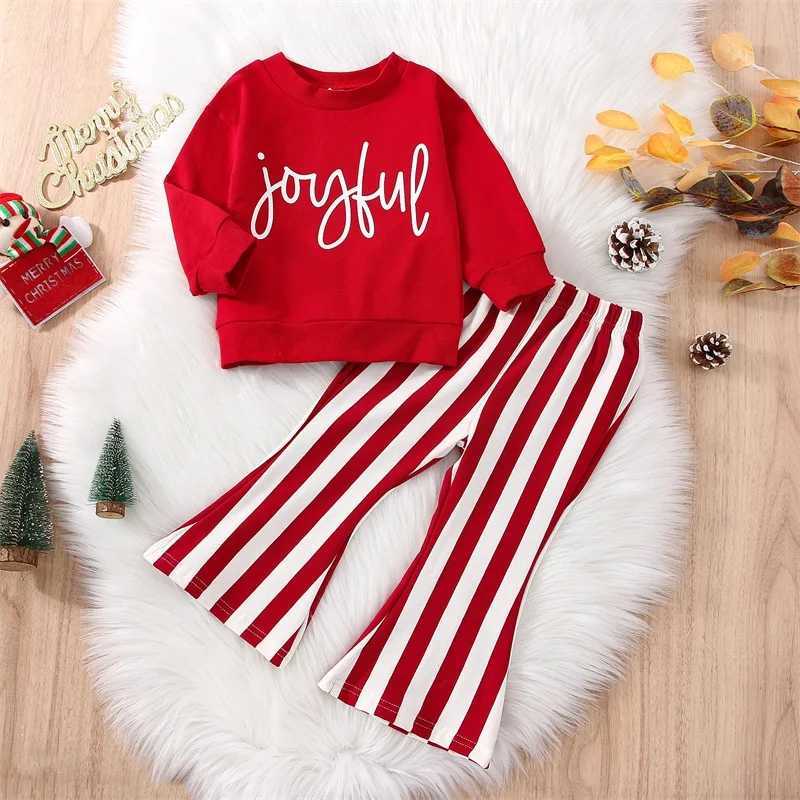Clothing Sets Girls 2-Piece Outfit Stylish Long Sleeve Sweatshirt with Printed Letters and Striped Flare Pants Set for Kids H241126
