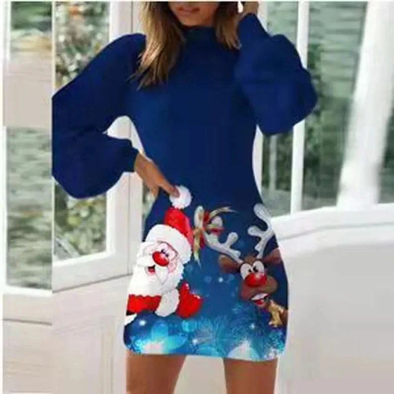 Vintage Christmas Printing Hoodies Dress For Women Fashion Elegant Half High Collar Lantern Long Sleeve Party Dresses Vestidos 241125