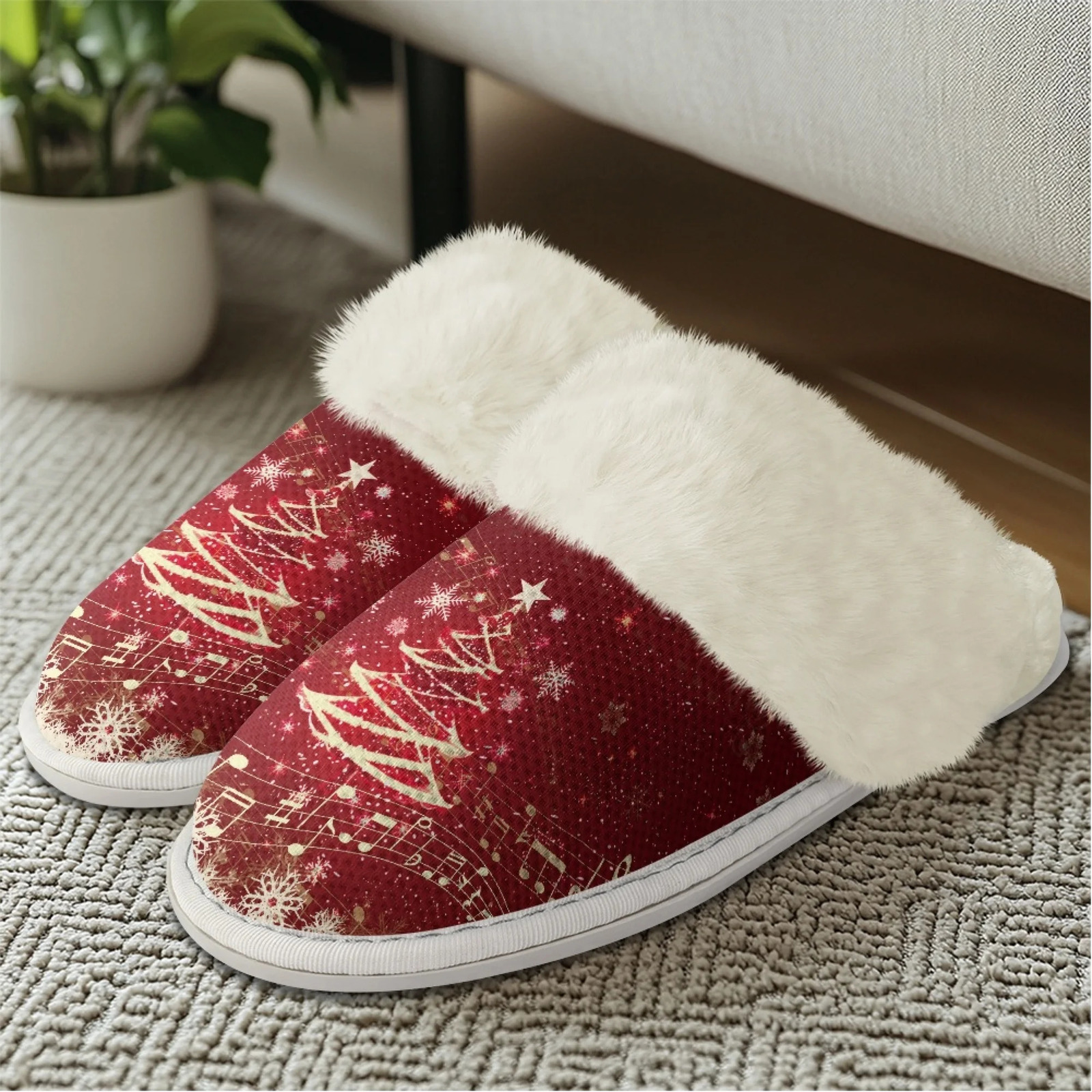 INSTANTARTS Women Flat Cotton Slippers Christmas Tree Printing Anti Slip Casual Comfortable Indoor Winter Shoes Keep Warm 241126