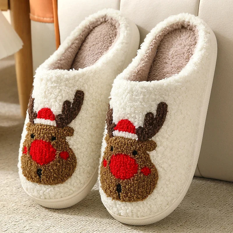 Christmas Elk Cotton Slippers for Women Men Winter Cute Cartoon Home Non Slip Couple Floor Slides Indoor Plush Shoes 20 241126