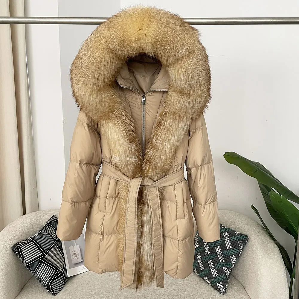 Thick and warm street clothing casual white duck down jacket winter jacket womens hooded sweatshirt natural fox fur coat 241121