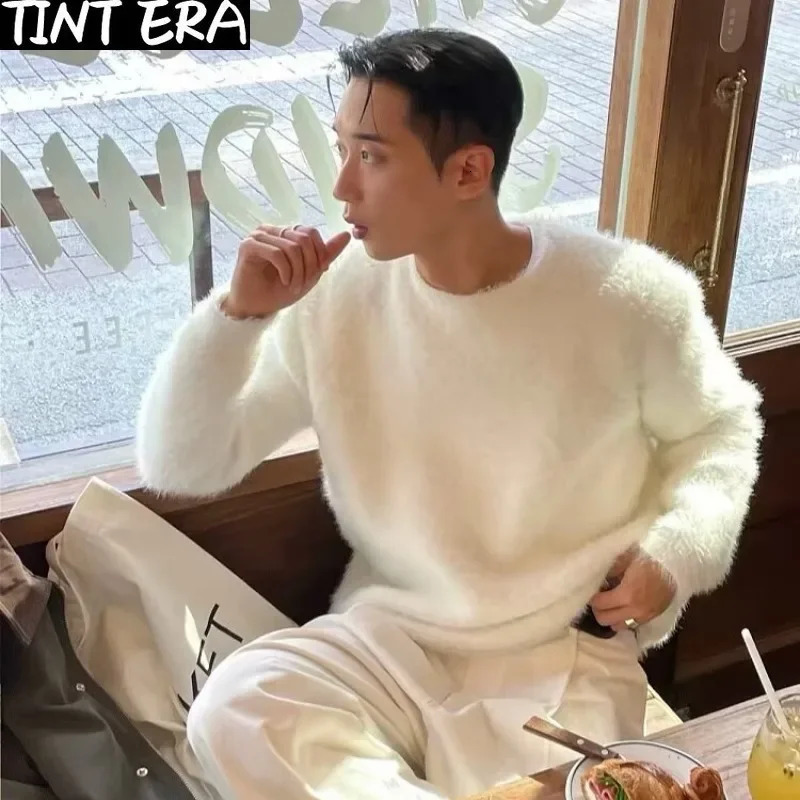 Mohair sweater mens South Korean thick warm knit autumn loose casual long sleeved woolen streetwear 241126