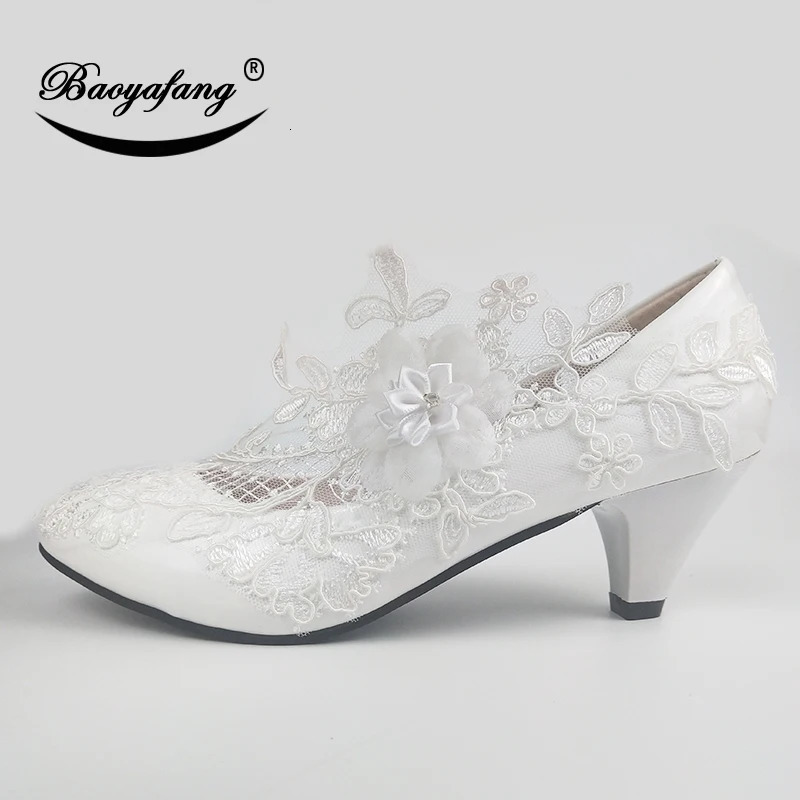 BaoYaFang White Flower Pumps arrival womens wedding shoes Bride High heels platform shoes for woman ladies party dress shoes 241126