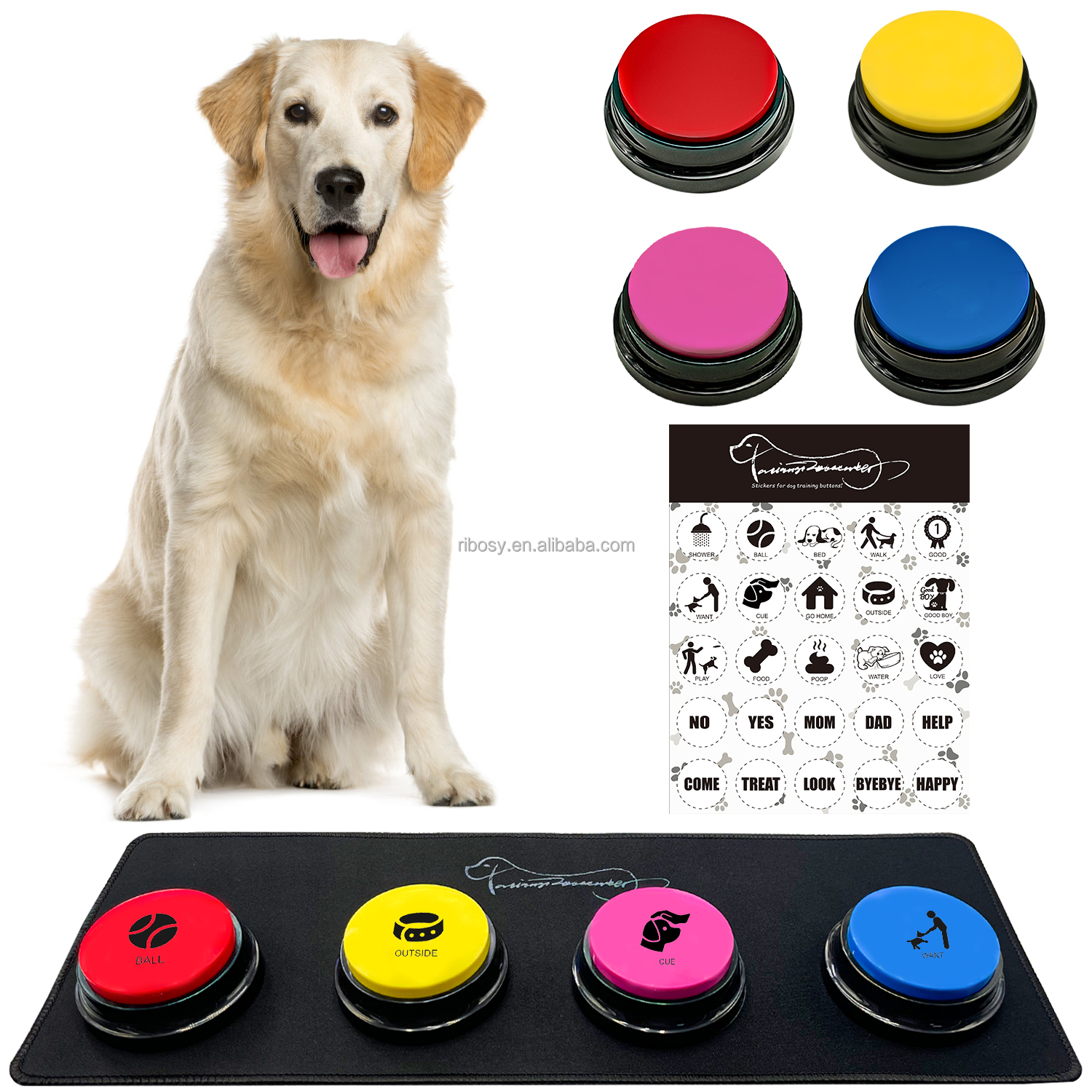 RIBOSY Set of 4 Dog Training Recorable Buttons ,Pet Communication Kits with Rubber Mat and DIY Training Stickers