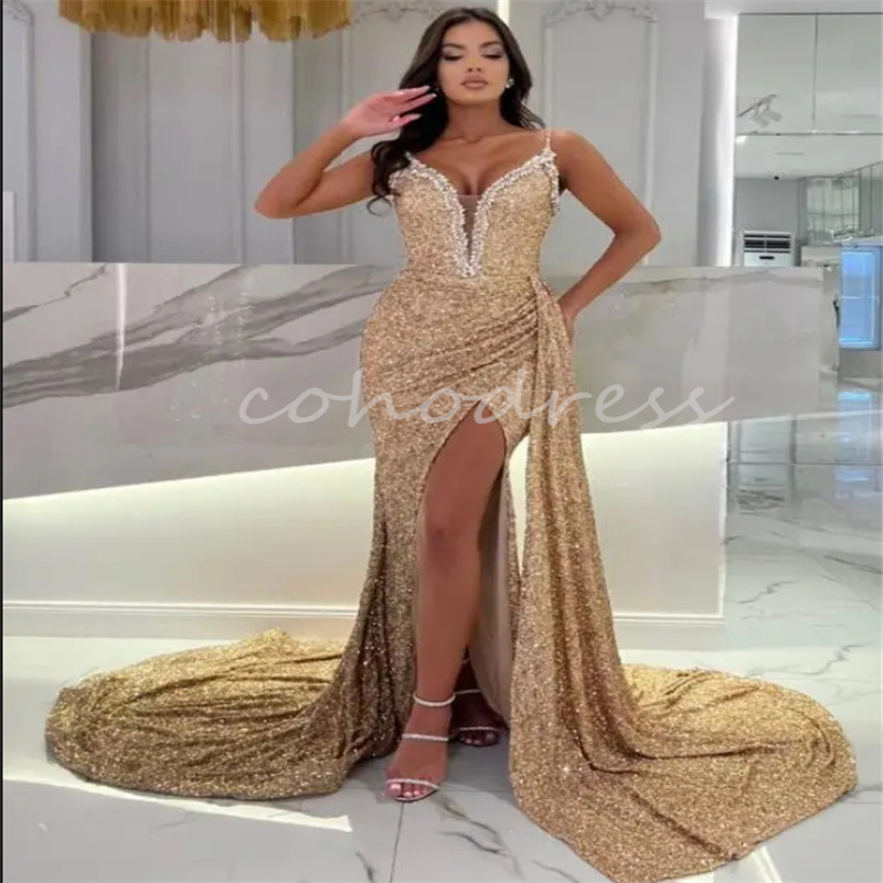 Champagne Sequin Prom Dresses Sexy Spaghetti Straps Mermaid High Slit Evening Dress Beaded Sparkly Dance Formal Party Gown Luxury Vestio De Fiesta