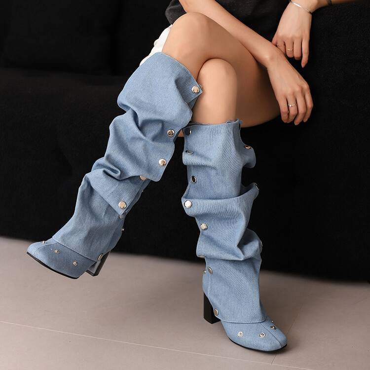 Knee Women's High Boots Sexy Pleated Autumn Winter Black Blue Jeans Heeled Long Boot Ladies Shoes Large Size 45 New Trends 666e