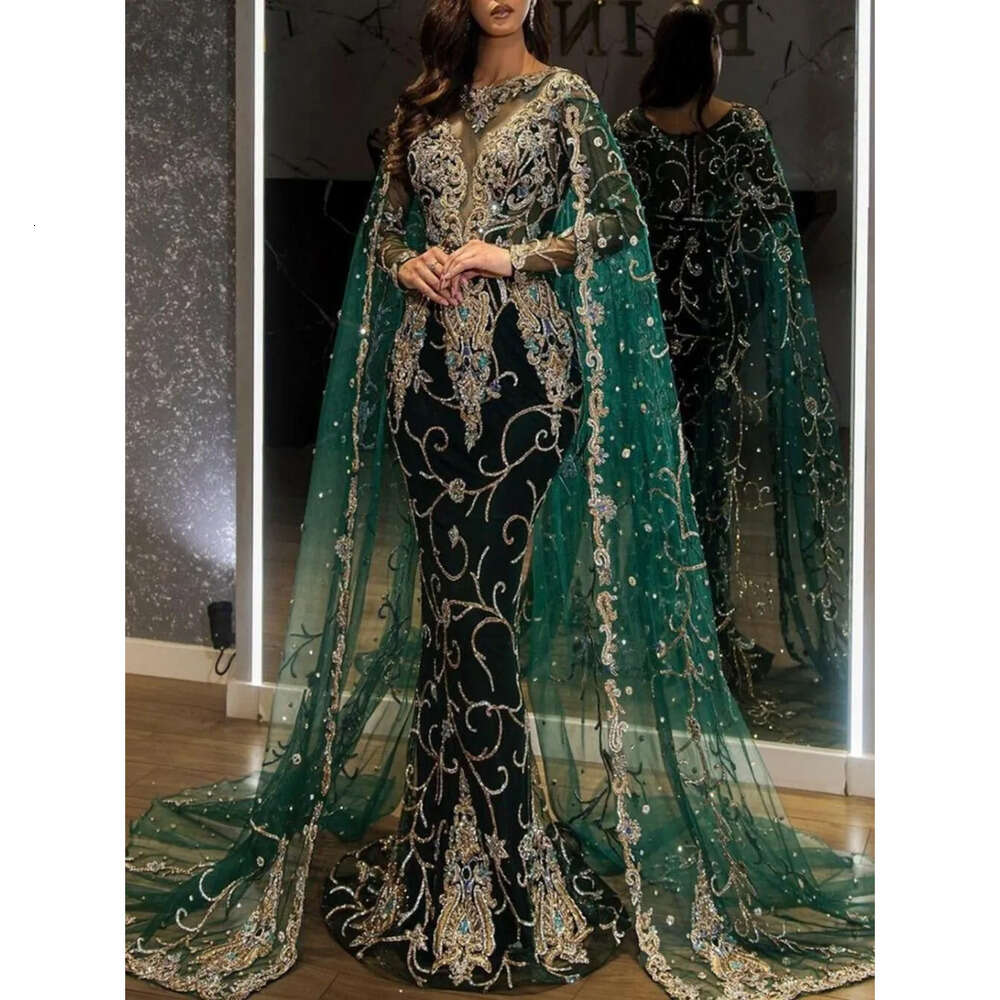 Dresses Emerald Prom Arabic Evening Mermaid Long Sleeve Sparkg Lace Bridal Modest Dress With Cap Bc 6660306