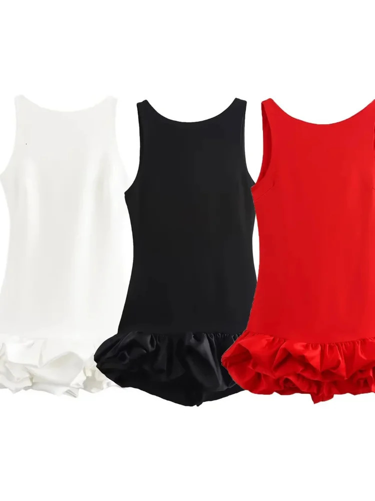Fashion Solid Ruffled Hem Sleeveless Bodycon Short Dress Women Elegant Oneck Slim Mini Dresses Summer Sexy Lady Party Vestidos 241112