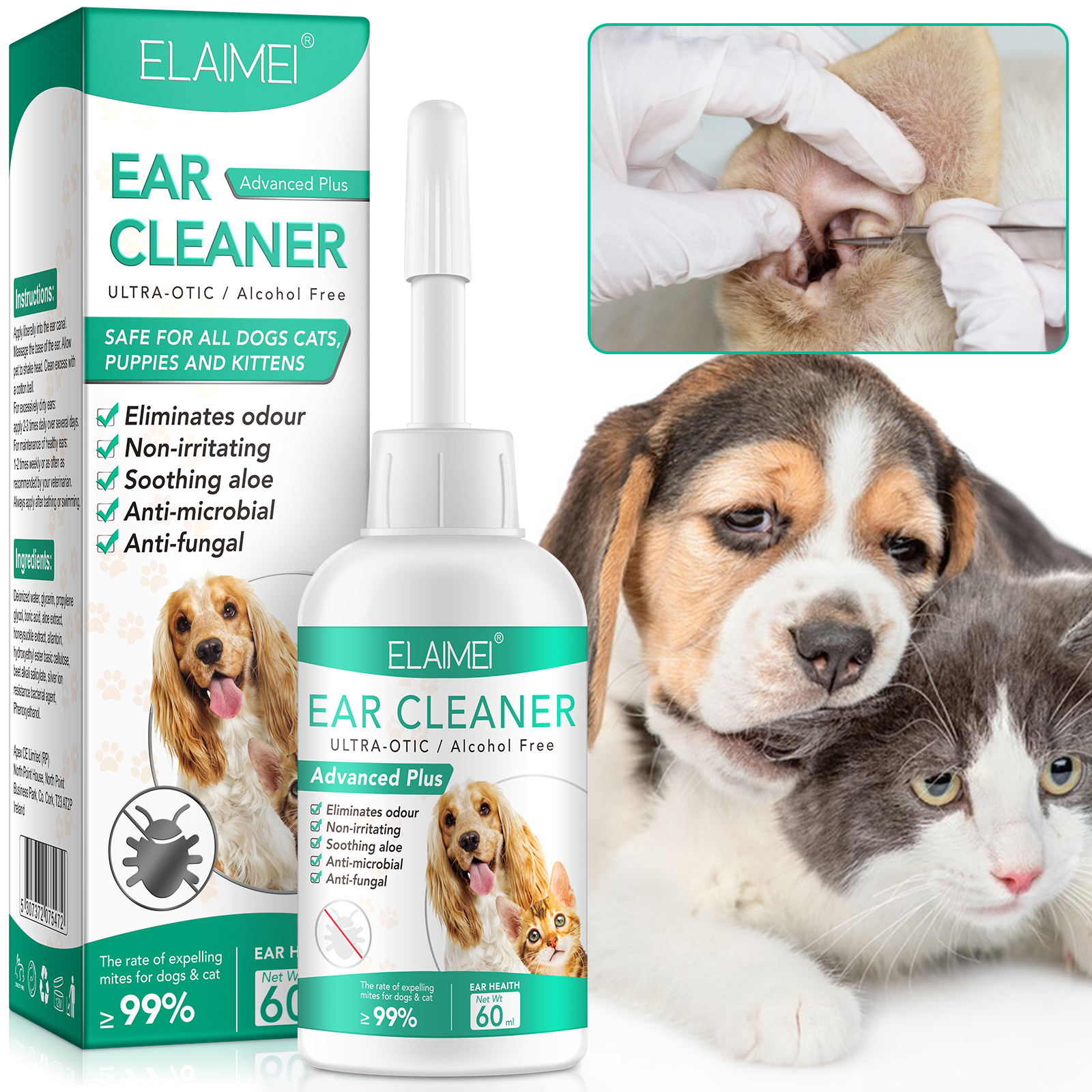 ELAIMEI Natural Safe Wash Treatment Alcohol Free Non-irritating Pet Ear Cleaner for All Cat Dog
