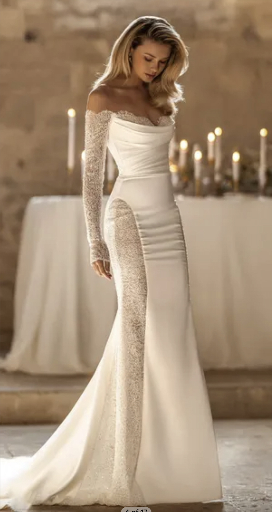 Sexy Off Shoulder Mermaid Wedding Lace Elastic Satin Long Sleeve Bridal Gowns Dresses Custom Made 0509