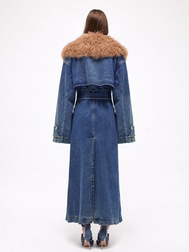 Colorblock Patchwork Lace Up Denim Coat For Women Fur Collar Long Sleeve Loose Casual Trench Female Fashion Style