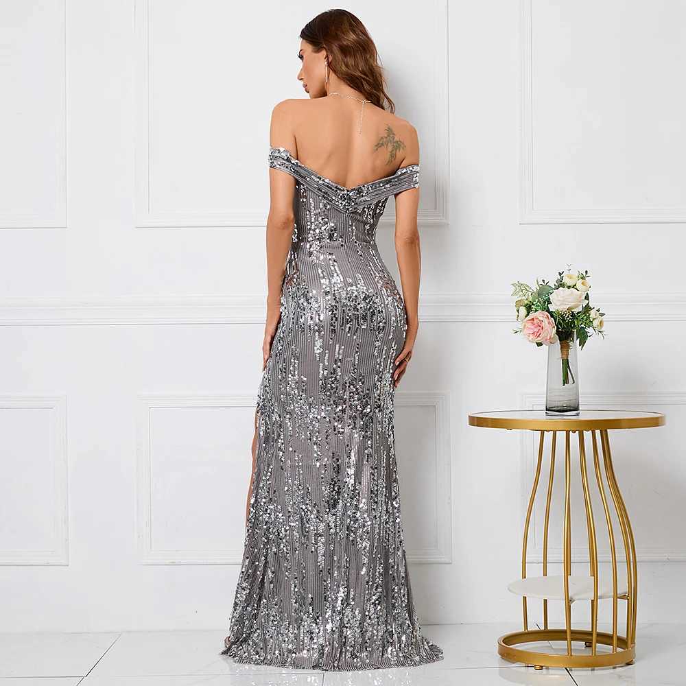 Runway Dresses YIDINGZS Women Sexy Slit Party Maxi Dress Off Shoulder Gray Sequin Evening Dress Long Prom Dress Y240426