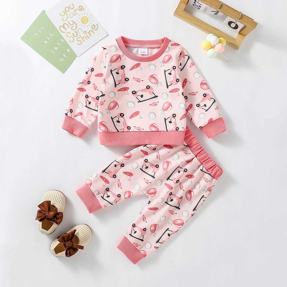 Clothing Sets 2024 New Baby girls lovely pink printed Golf Cart autumn two-piece set Children Clothing H241126