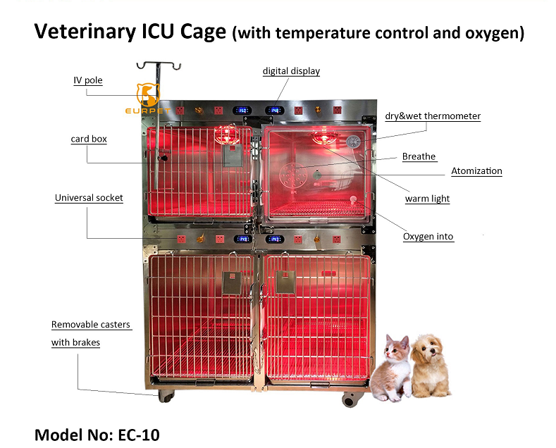 EUR PET Reliable Pet stainless steel ICU cage for animal veterinary modular cage with temperature control and oxygen