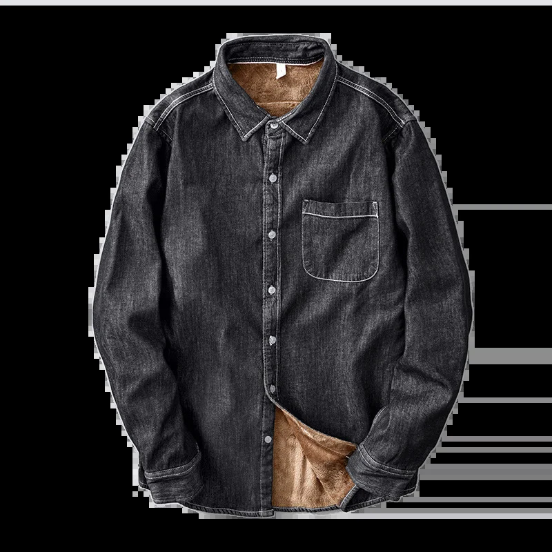 Winter pleated thick denim shirt mens long sleeved pure cotton warm top Japanese loose size fashionable shirt trend 241126