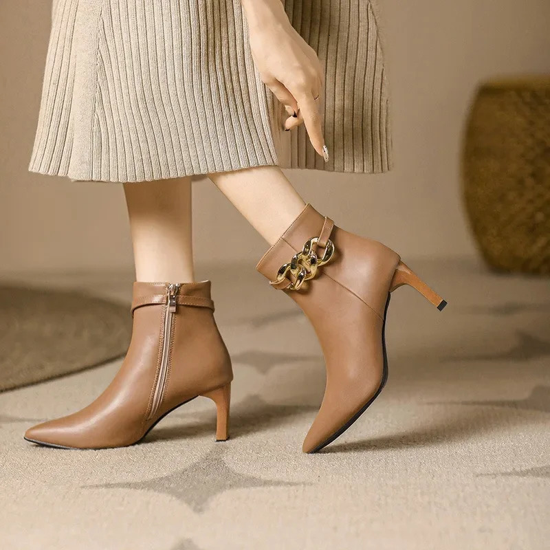 Niche comfortable soft leather side zipper pointed thin heel 2025 autumnwinter high-heeled womens ankle boots 241126