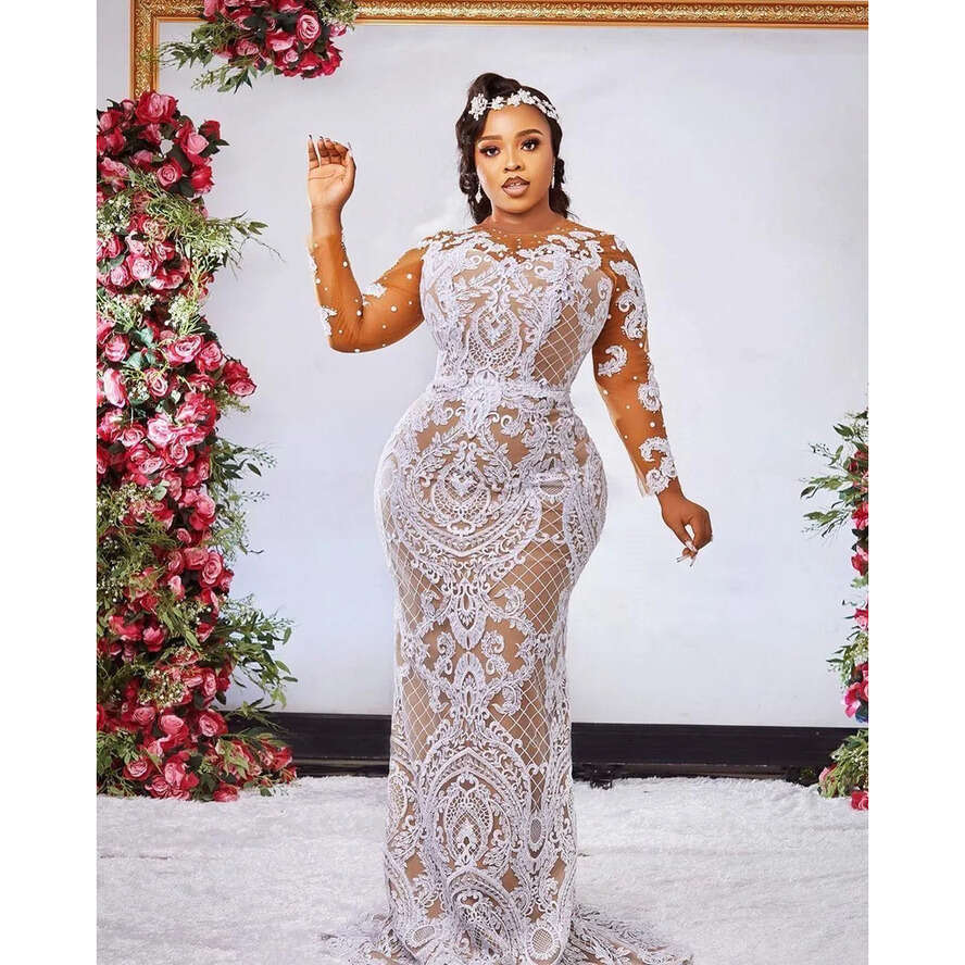 Aso Ebi Lace Mermaid Wedding Dresses Sheer Jewel Neck Illusion Long Sleeves Appliques Beads Bridal Gown Corset Back Plus Size Robe De Bc12625 0321
