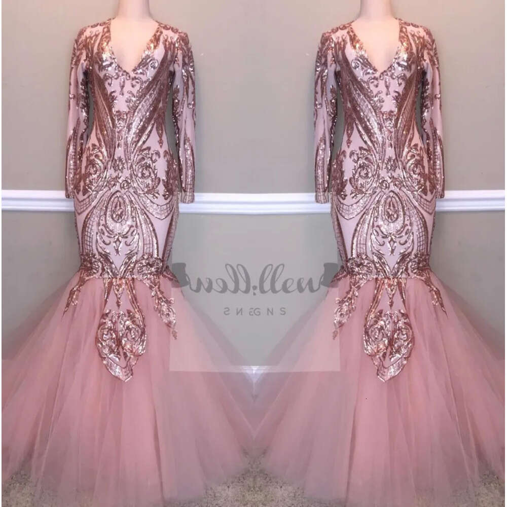Long Sleeves Pink Tulle Light Mermaid Prom Dresses V Neck Sequins Lace Applique Top Floor Length Formal Party Evening Gowns Bc