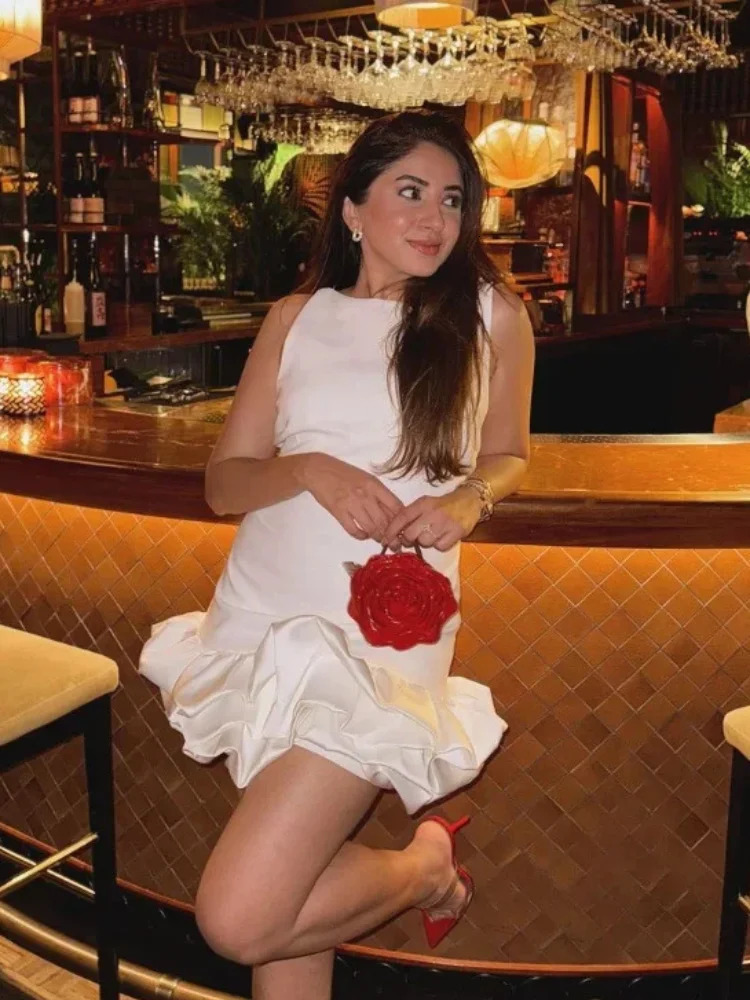 Fashion Solid Ruffled Hem Sleeveless Bodycon Short Dress Women Elegant Oneck Slim Mini Dresses Summer Sexy Lady Party Vestidos 241112