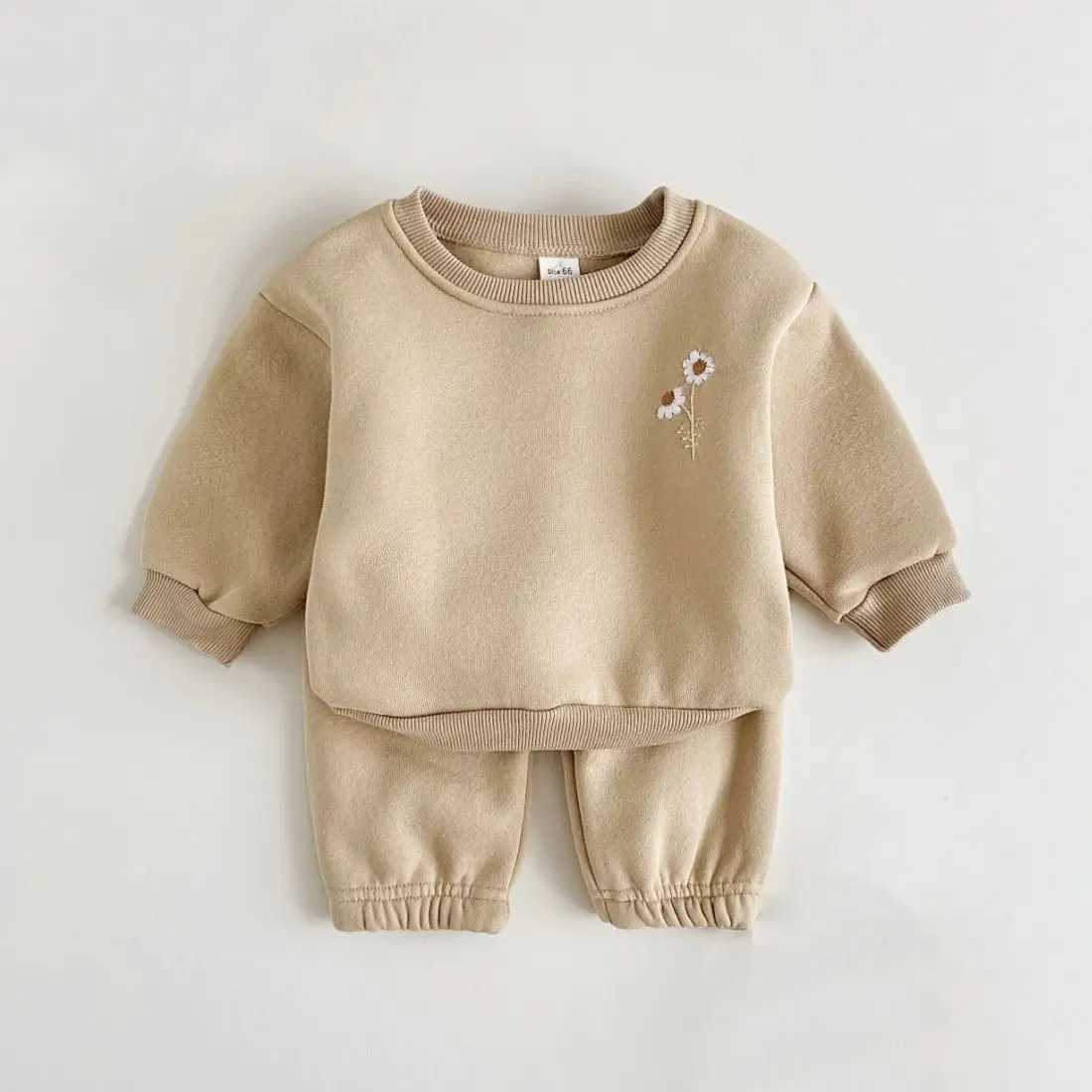 Clothing Sets 2024 Fall Thick Clothes Infant Sets Fleece Embroidery Daisy Pullover Sweatshirt+Jogger Pants Baby Boys Girls Basis Winter 2Pcs H241126