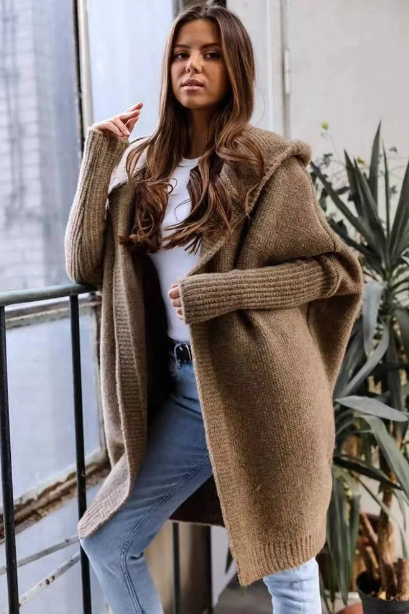 Autumn Winter Cozy Chic Hooded Cardigan Womens Casual Knit Sweater Coat Elegant Batwing Sleeve Pocket Long Jacket Jumpers 241112