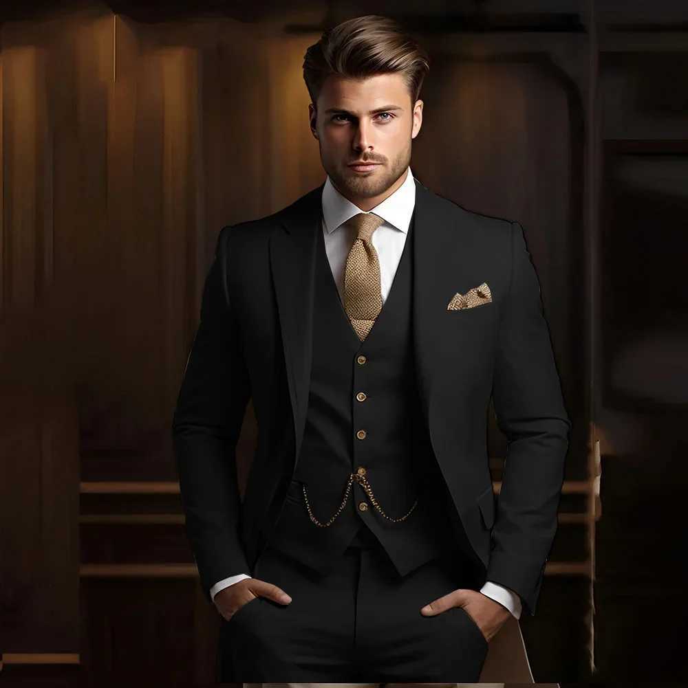Mens casual suit 3-piece khaki wedding grooms tailcoat slim fit set 2025 mens fashion suit jacket with pants vest X241126