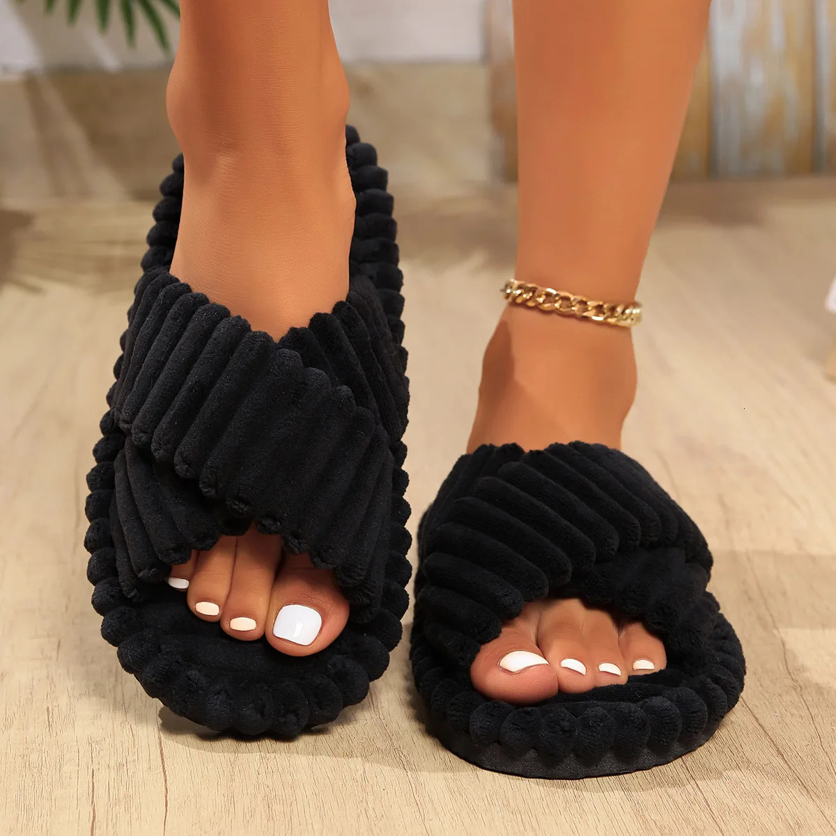 Womens bow slippers seasonal home shoes indoor corduroy soft casual comfortable living room anti slip flip cover 241126