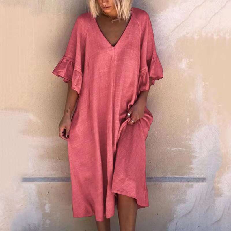 New European And American Solid Color Sexy V-Neck Patchwork Loose Dress B2