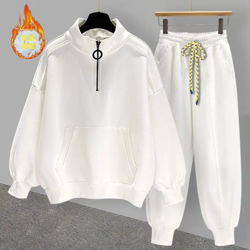 Hip Hop Half Neck Sweatshirt Set Autumn Winter Trend Versatile Zipper Plush Thick Coat Slow Running Pants Mens Street Clothing 241126