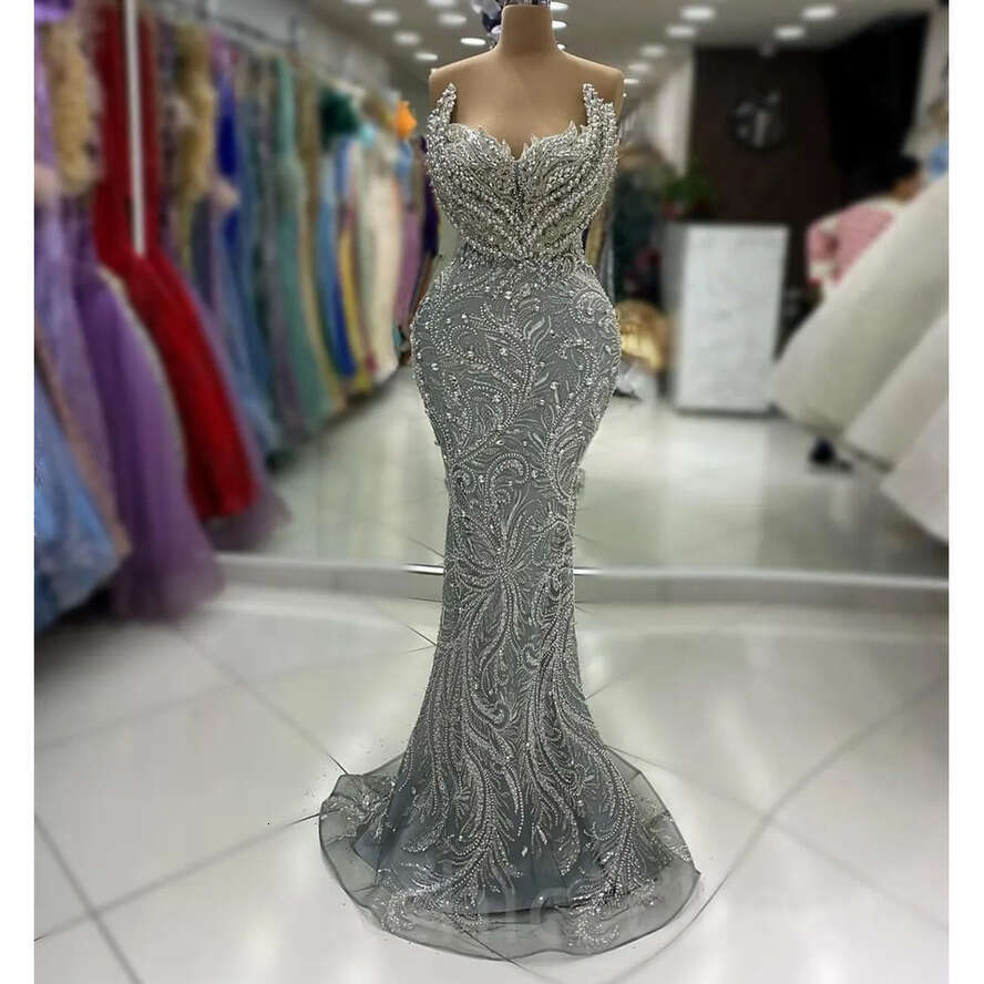 2024 Aso Ebi Plus Size Grey Mermaid Prom Dress Crystals Beaded Sequined Evening Formal Party Second Reception Birthday Engagement Thangiving Gowns Dre