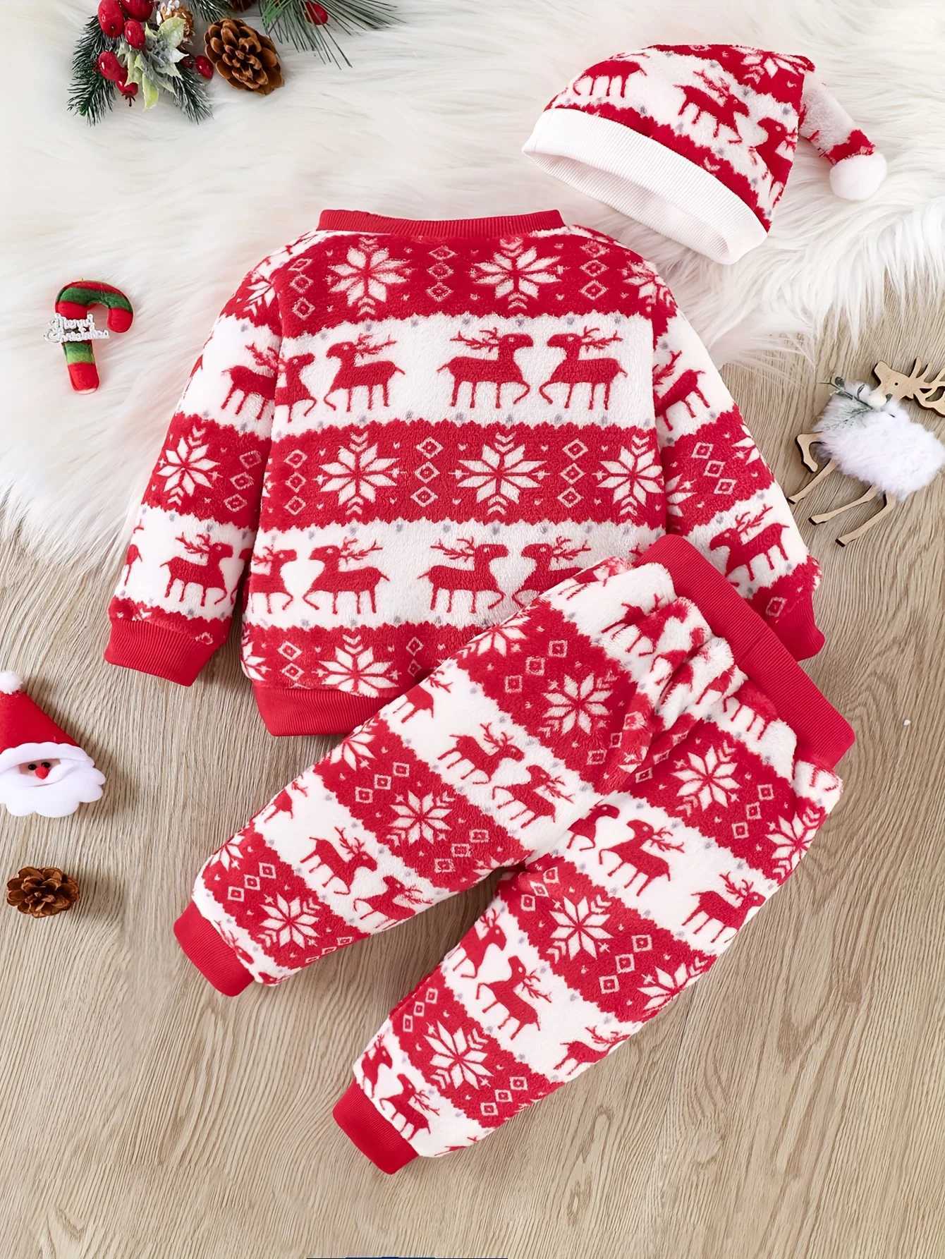 Clothing Sets Christmas 3 Piece Autumn And Winter Cute Comfortable Soft Warm Baby Flannel Round Neck Long Sleeve + Trousers + Hat Set H241126