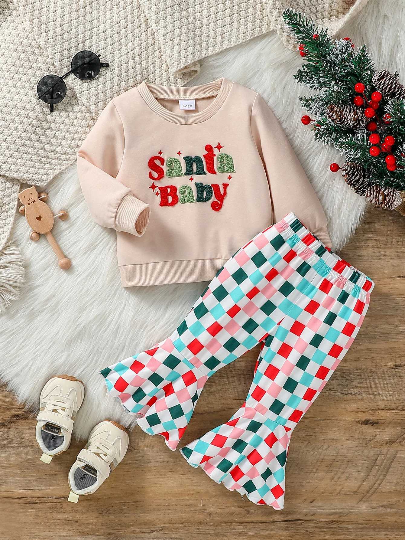 Clothing Sets 2Pcs Baby Girls Autumn Long Sleeve Print Letter Sweatshirt +Plaid Flared Pants For 6M-3Y Casual Outfits Clothing H241126