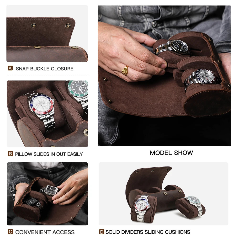 Vintage Leather 2 Slots Watch Roll Travel Case Chic Portable Display Watches Men Storage Box with Slid in Out Organizers 240415