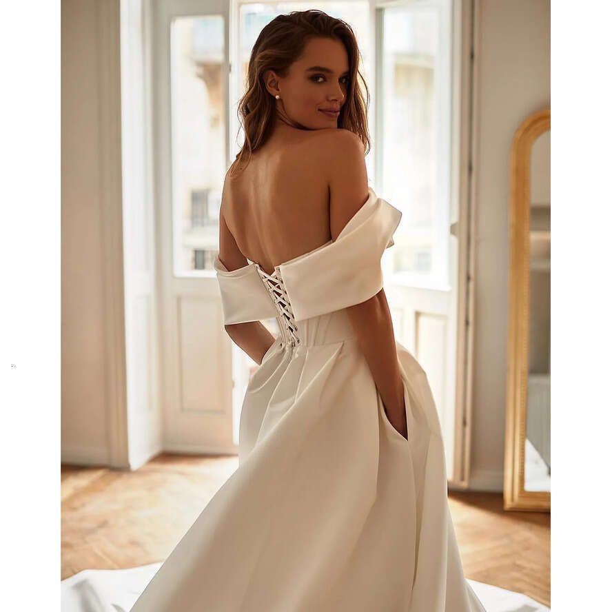Nova Milla A E For Bride Off Shoulder Satin Countries Wedding Dresses Backless Buttons Designer Bridal Gowns Sweep Train