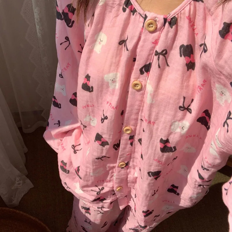 Cartoon Cute Printed 100% Cotton Cute Pajamas for Women Spring/Summer Collection Long Sleeve Mens Casual Pants 241126