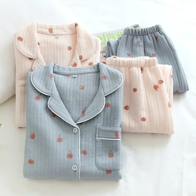 Japanese autumn and winter sleeping mens clothing pure cotton air cotton warm womens pajamas and home service pajamas 241126