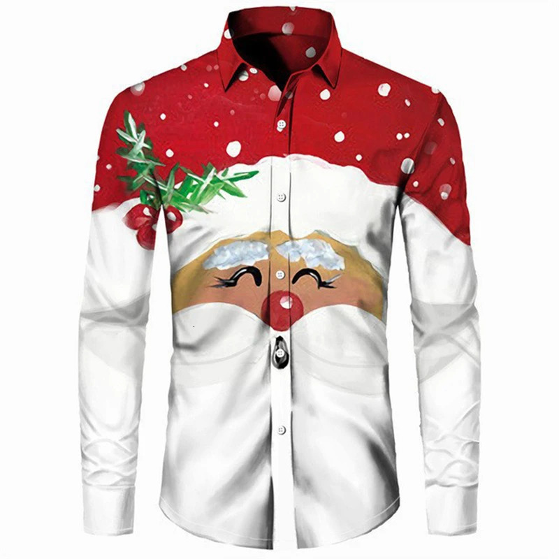 Santa Claus Mens Graphic Shirt Casual Retro 3D Printed Long Sleeve Holiday Party Clothing Y2k Top 241126