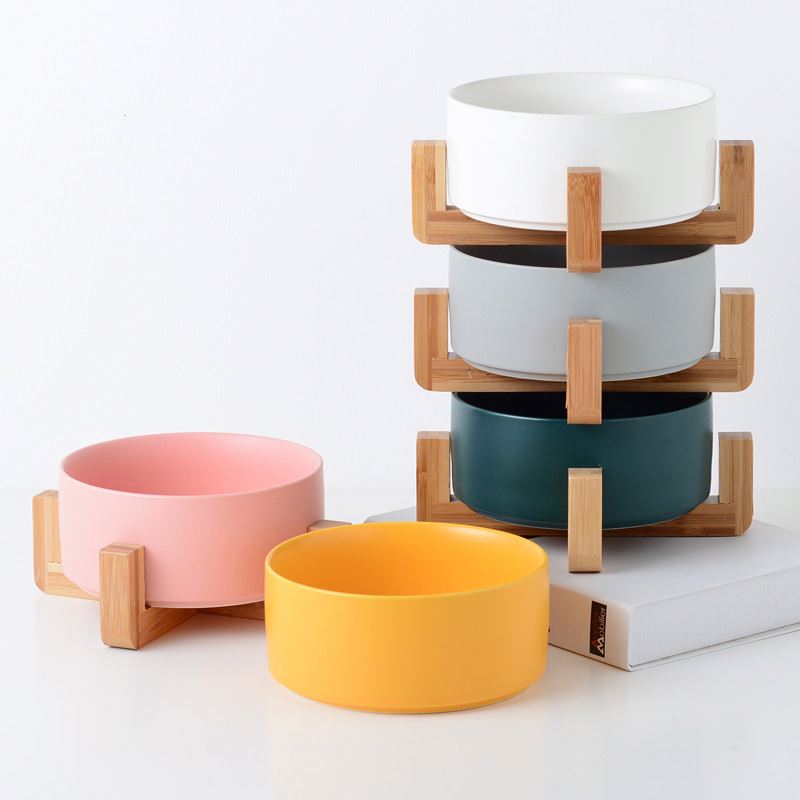 Wholesale Ceramic Wooden Frame Pet Bowl Multi-Colors Rounded Shape