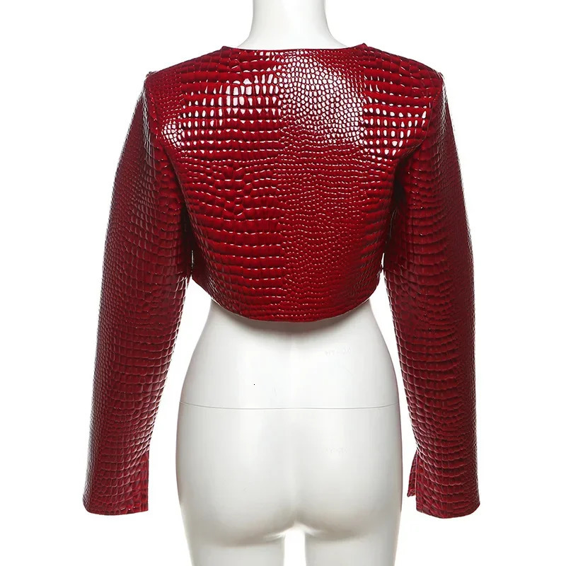 Womens fashionable red PU leather jacket crop top O-neck long sleeved open seam casual streetwear jacket Y2K clothing jacket 241126