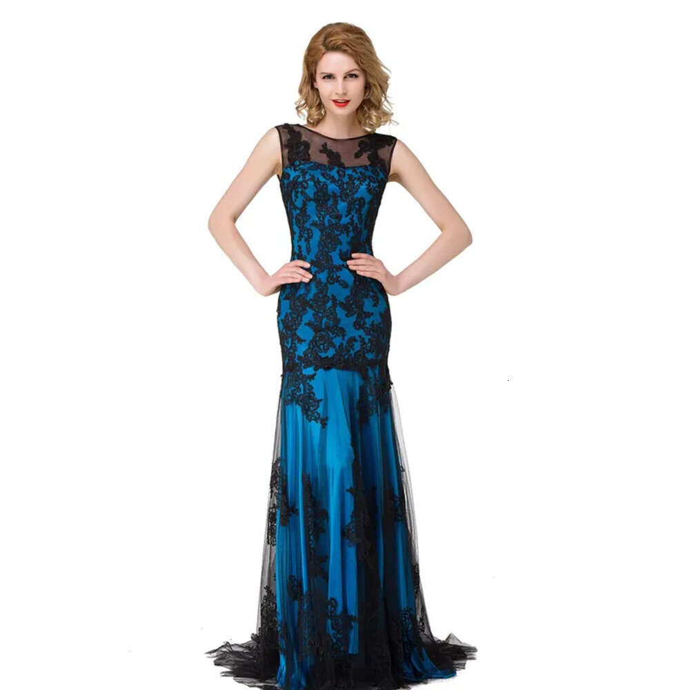 In Stock New Sexy Sheer Tulle Sleeveless Mermaid Evening Dresses Black Lace Applique Formal Party Women Floor Length Prom Gowns Cps